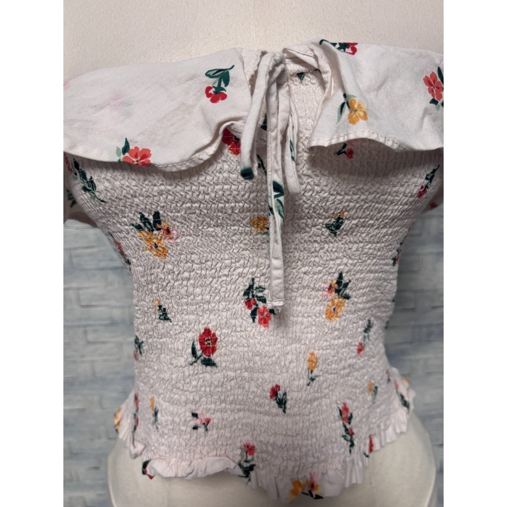 Zara Trafaluc Womens M Floral Smocked Camisole Crop Top White Ruffle Cottagecore - Picture 5 of 7
